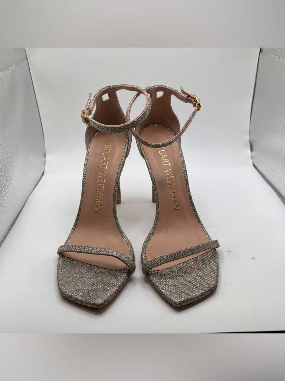 Stuart Weitzman Silver Ankle-Strap Stiletto NudistCurve 100 Sandal Heels 8.5 - Picture 5 of 10